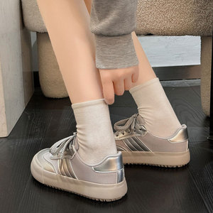 Zapatillas deportivas casuales con cordones para mujer, color plateado, moda 2024, otoño, suela gruesa, combinables con todo, color blanco26 - Product Image 4
