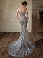Nouvelle Robe de Soirée Sirène Argentée Scintillante 2026, Épaule Dénudée, Broderie Perlée à la Main, Tulle Transparent, Robe de Cérémonie de Mariage avec Traîne
