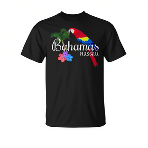 T-shirt unisexe pour adultes à manches courtes et col rond avec impression numérique, thème perroquet tropical des Bahamas Nassau, pour promotion - Product Image 2