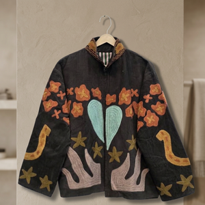 Chaqueta de pana negra para mujer con bordado floral y de estrellas hecho a mano, cuello mandarín, manga larga, para otoño, B2B - Product Image 1