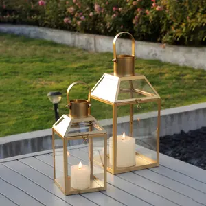 Altın Metal cam mum fener ev dekorasyonu için düğün Centerpiece bahçe fener kolu Metal fener mum