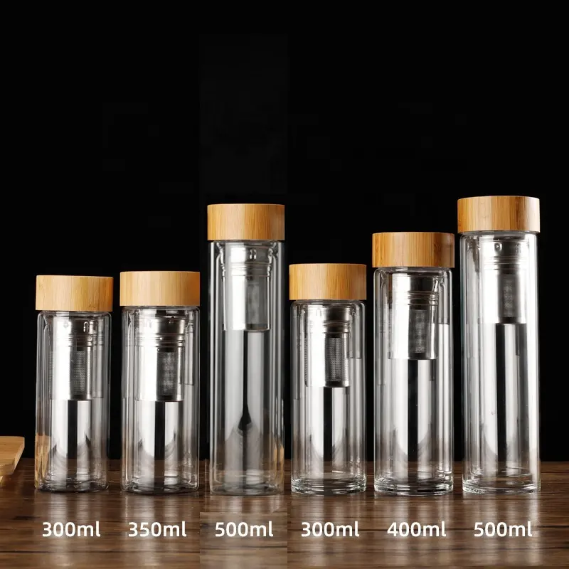 Doppelwand-Borosilikat-Glas-Wasserflasche mit Teebeutel Bambusdeckel Reisetränke Rückschule Touren im Freien Direkt Trinken
