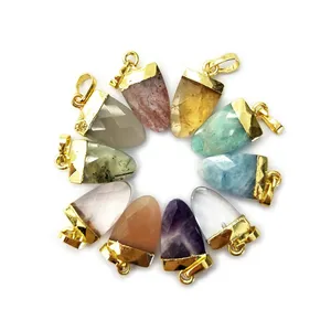 Wholesale Natural Gemstone Charm White Quartz Labradorite Amazonite Citrine Amethyst Tiny Shield Faceted Pendant with Gold Plate