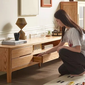 Meuble <span class=keywords><strong>TV</strong></span> et table basse combinés en bois massif au design moderne et simple, avec armoire au sol en chêne pour petits appartements - Product Image 3
