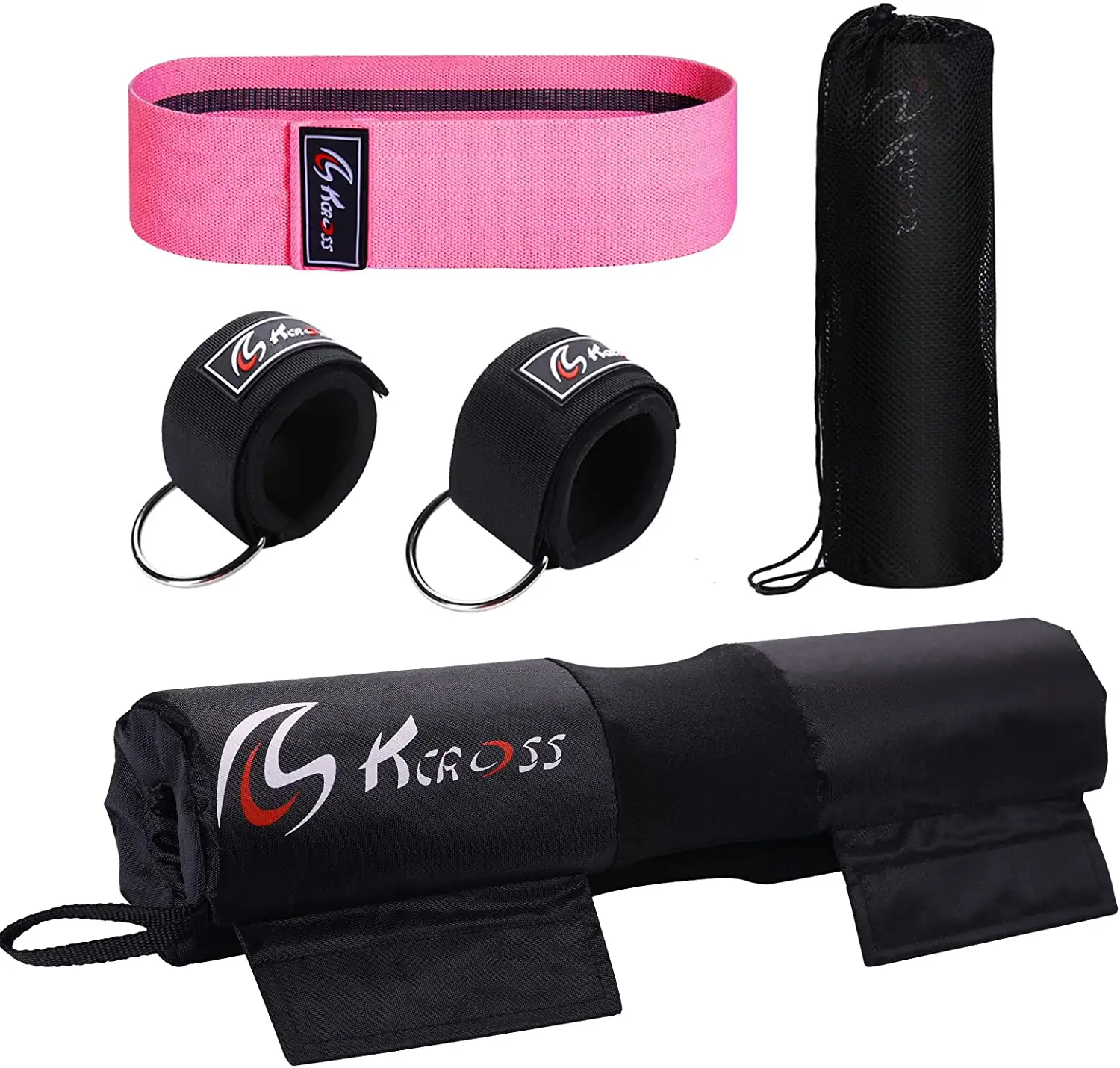Lumia Fitness 7 Piece Glute Workout Kit Barbell Squat Pad, 3 Fabric Resistance Bands 2 Ankle Straps Carry Bag Gym Accessories