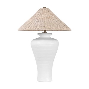 White Ceramic Urn with Natural Rattan Shade Boho <b>Table</b> Lamp | Coastal Organic Lighting for Resort Hotel & Home - Product Image 1