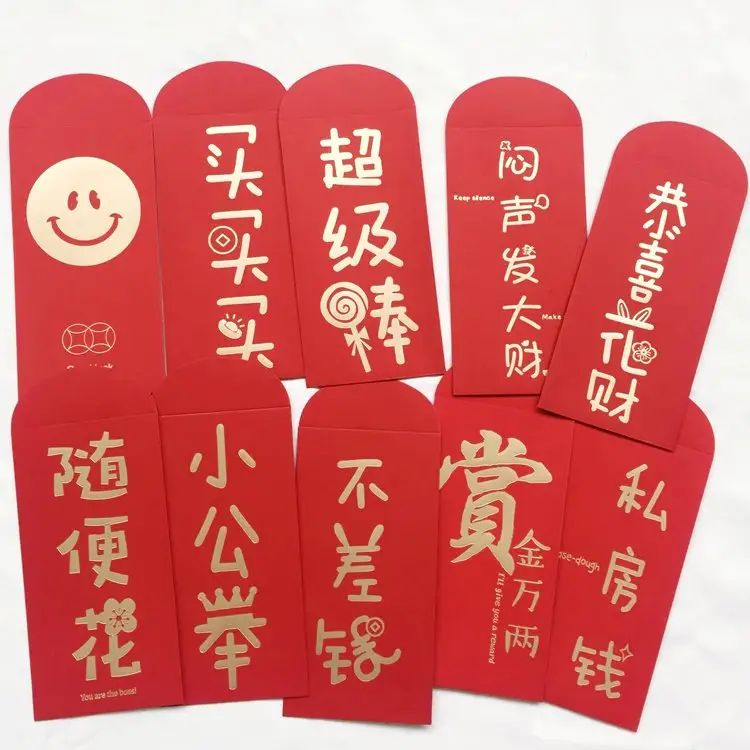Gold Hot Foil Stempel Custom Ontwerp Gedrukt Ang Pao Lucky Geld Packet Chinese Nieuwe Jaar Rode Envelop