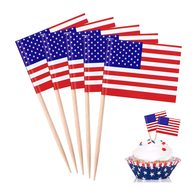 Novo produto barato palito de dente bandeira dos EUA para festas, hambúrguer com logotipo personalizado, papel para coquetel, cupcake, comida, bandeira de palito