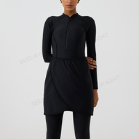 Ensemble burkini modeste noir avec logo personnalisé, fermeture éclair avant, jupe portefeuille et leggings, maillot de bain pour femmes musulmanes, commande en gros sous marque privée