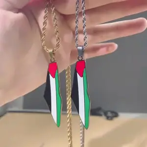 Grosir 18k baja tahan karat lapis emas bendera nasional Palestina berenamel kalung peta negara Palestina
