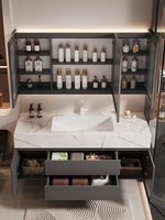 Meuble-lavabo mural moderne gris foncé personnalisé avec vasque intégrée en pierre, miroir LED et plusieurs tiroirs pour hôtel