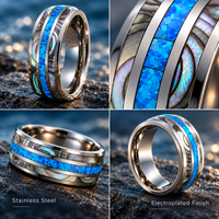 Bague de fiançailles JLM Factory Direct personnalisée en acier inoxydable électroplaqué triple incrustation opale bleue et coquille d'ormeau pour hommes et femmes