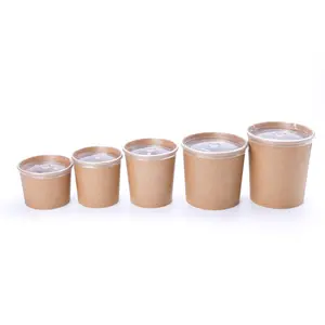 Waterproof Microwavable Food Grade To Go Food Packing Container Disposable Kraft Paper Soup Cup Bowl With Paper Lid On Sale