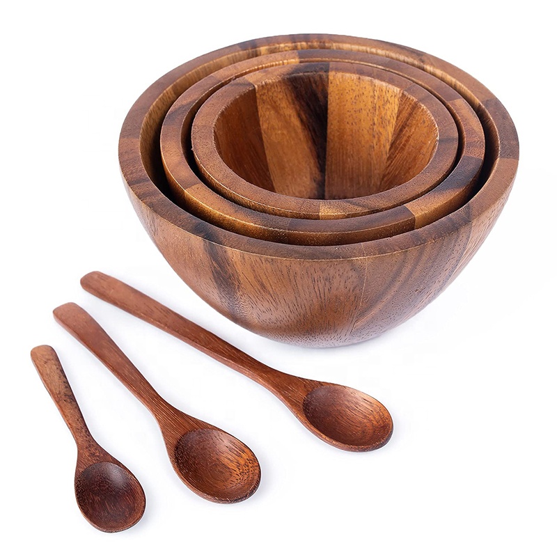 Rustico piccolo grande cucina spessa pasta di legno zuppa insalata di frutta insalatiera set con cucchiaio insalatiera in legno di acacia all'ingrosso