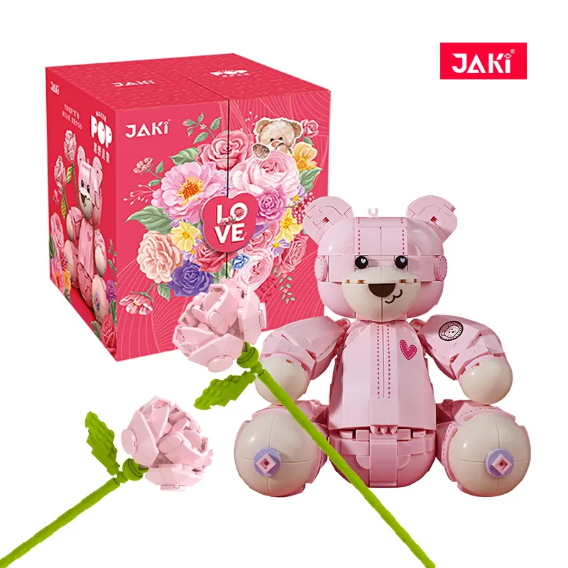 JAKIDIY女性バレンタインデー小さなピンクのクマ漫画ビルディングブロックレンガのおもちゃセット子供のためのおもちゃ