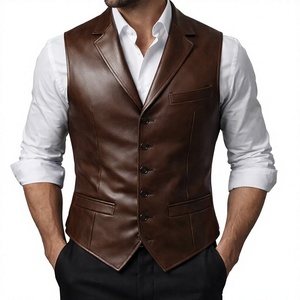 Chaleco de Cuero PU Marrón para Hombre, Formal, Sin Mangas, Cierre de un Solo Botón, con Bolsillos, para Otoño - Product Image 1