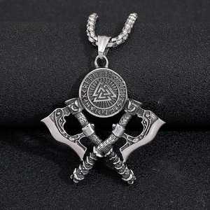 Collar con colgante de doble hacha de guerrero vikingo nórdico yunnique, joyería de cadena de moda con runa Valknut de plata tibetana para hombre - Product Image 3