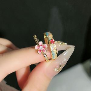 Chinese-style Enamel Flowers Open Adjust <b>Ring</b> Ethnic-style Embossed Flower <b>Ring</b> Luxury <b>Adjustable</b> Openwork Trendy <b>Ring</b> - Product Image 1