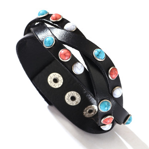 Genuine <b>Leather</b> Cuff <b>Bracelet</b> With Turquoise Inlay Brown Women's Jewelry Gift Geometric Pattern Bezel Setting QNW2709 - Product Image 5