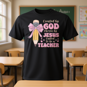 T-shirt pour enseignant chrétien, créé par Dieu, choisi par Jésus, appelé à enseigner, design crayon rose, noir - Product Image 3