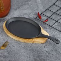 Poêle à frire ovale en fonte pré-assaisonnée, plaque à fajitas avec plateau en bois, compatible gaz et induction