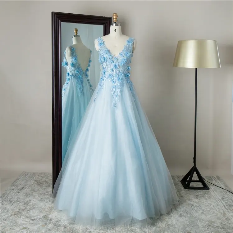 Light Blue V Neck back 3D embroidery floor length princess Tulle Ball Gown prom sweet sixteen quinceanera dresses