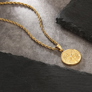 Halskette mit Kompasskette, Vereistem Löwen-Tieranhänger, Edelstahl-Schmuck, Engel- und Antik-Münz-Anhänger, 18 Karat Echtvergoldet - Product Image 4