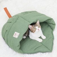 Sac de couchage pour chat, lit pour chat en tissu de lin, niche en forme de feuille, zone de réconfort pour animaux de compagnie, abri couvert avec capuche, douillet, confortable, durable, lavable