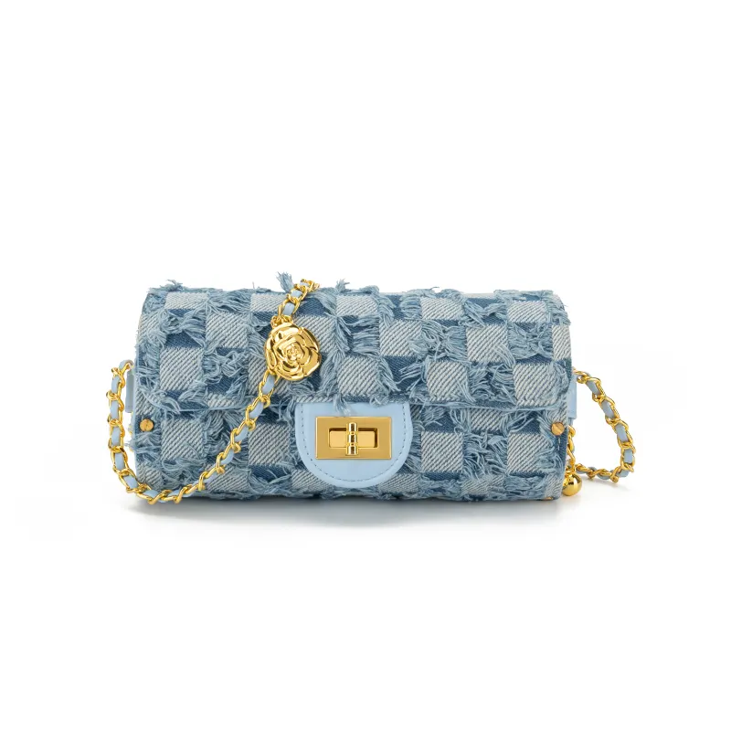 Designer Luxury Fashion Denim cylinder bag chain with small gold ball shoulder crossbody bag handbag