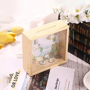 Ahorro de monedas OEM acepta caja de boda transparente hecha de pino macizo para dinero niños alcancía almacenamiento cajas de madera