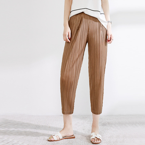 Color sólido elástico cintura alta Chiffon plisado pantalones <span class=keywords><strong>amazon</strong></span> mujeres sueltas nueve Pantalones - Product Image 2