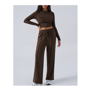 Conjunto de 2 piezas Y2K, Top corto y pantalones largos para mujer de otoño e invierno, pantalones largos informales de pierna ancha a la moda para mujer - Product Image 1