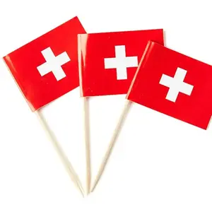 Impresión personalizada de fábrica china pequeña 2,5x3,5 CM banderas de palillos de Suiza con palo de 6,5 CM