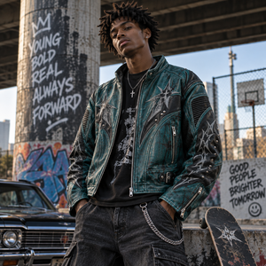 Blouson de motard personnalisé pour homme en cuir PU délavé, clouté et brodé, zippé, style gothique streetwear, vente en gros B2B OEM - Product Image 1