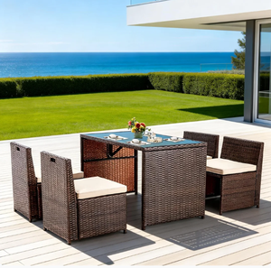 Juego de Mesa y Sillas Rectangulares de Mimbre Tejido a Mano, Diseño Moderno que Ahorra Espacio, Muebles de Jardín para Exteriores - Product Image 1