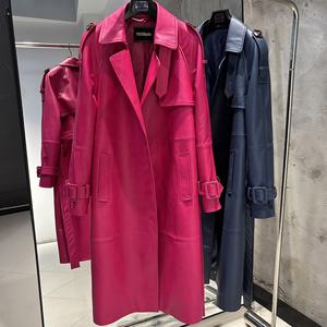 معاطف طويلة من الجلد للسيدات عالية الجودة للربيع ، معطف خندق جلدي أنيق للنساء مع حزام جاكيت جلد كحلي - Product Image 4