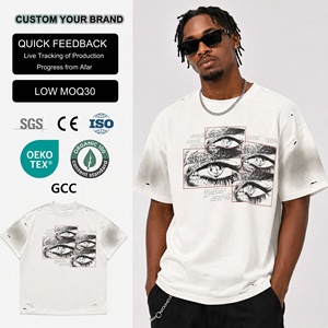 Camiseta Oversize para Hombre con Lavado Ácido y Efecto Desgastado, Manga Corta, Estilo Urbano, Estampado Gráfico, Cuello Redondo Premium - Product Image 1