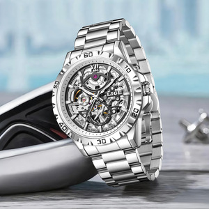 LIGE <b>Skeleton</b> <b>Automatic</b> Mechanical Chronograph <b>Watch</b> Men Business Style Stainless Steel Band 44mm Dial 3BAR Water Resistant 21cm - Product Image 3