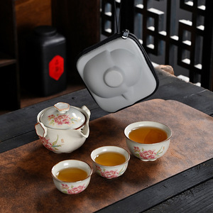 Juego de té de porcelana portátil con tres tazas, tetera de cerámica para acampar al aire libre, estilo Ru Kiln, hecho en Dehua - Product Image 3
