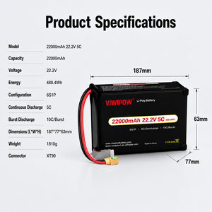 Batterie Lipo 22000mAh 22.2V 5C pour drone de levage lourd, directement de l'usine, avec temps de vol long, prise OEM personnalisée disponible - Product Image 2