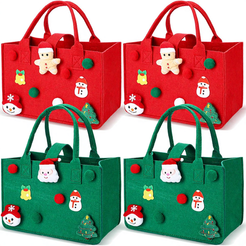 Remagr 4-Piece Felt Christmas Gift Bags with Handles Reusable Snowman & Gingerbread Man Designs for Holiday Parties
