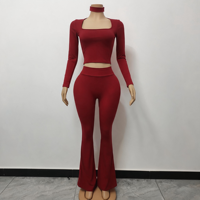 Ensemble 2 pièces haut color block à épaules dénudées et pantalon long pour femme – Tenue décontractée d'automne – Prise en charge de la personnalisation du logo