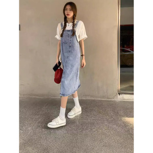 ชุดกระโปรงยีนส์ผ่าข้างสำหรับผู้หญิง, ชุดเอี๊ยมกระโปรงยาวปานกลางลำลองสไตล์กลางฤดูร้อนทรงหลวมทันสมัยใหม่สำหรับ2025 - Product Image 5