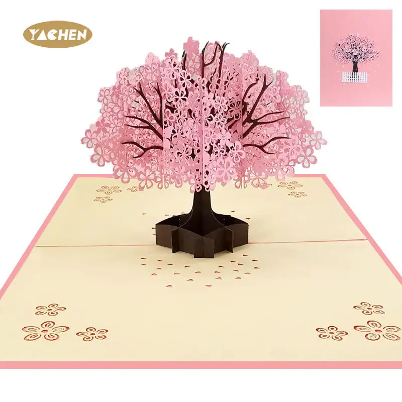 Yachen handmade 3D Cherry Blossom Pop Up thiệp chúc mừng với envolpe lời mời đám cưới Thẻ quà tặng ngày Valentine