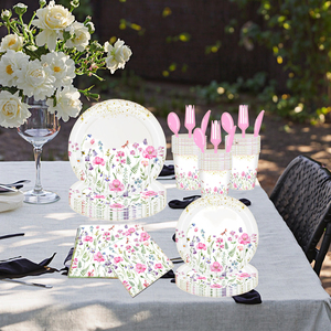 ชุดเครื่องใช้บนโต๊ะอาหารกระดาษแบบใช้แล้วทิ้งลายการ์ตูนดอกไม้ป่าฤดูร้อนถ้วย<span class=keywords><strong>เ</strong></span>ล็กมีดผ้าเช็ดตัวส้อมจานช้อน - Product Image 4