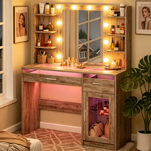 Factory Direct Wholesale Modern Vanity Desk LED Lighted Mirror Dimmable Charging Station <strong>Makeup</strong> Dressing Table Shelves 5 <strong>Drawers</strong> - Product Image 2