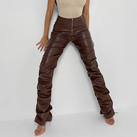 Top selling fashion high quality woman leather pants ankle banded pants high waisted leather zipper fly ruched leather pants