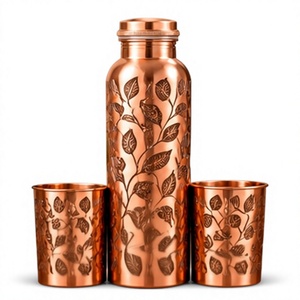 Handcrafted Copper <b>Water</b> <b>Bottle</b> with Lid and 2 Cups Flower Leaf Engraved Portable <b>Metal</b> Flask Set - Product Image 1