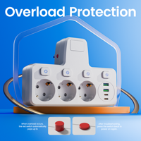 Enchufe de Extensión ODM EU 7 en 1 con 3 Tomas Schuko, 2 USB-A, 2 USB-C, Interruptor Independiente y Protección Contra Sobrecarga para Uso en Hogar y Oficina
