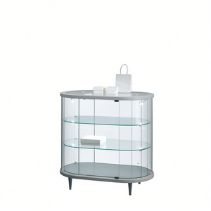 Vitrina Moderna de Vidrio Curvo de 95 cm de Alto con Iluminación LED, Estantes Ajustables, Gabinete de Exhibición Blanco Brillante Gris Claro - Product Image 2